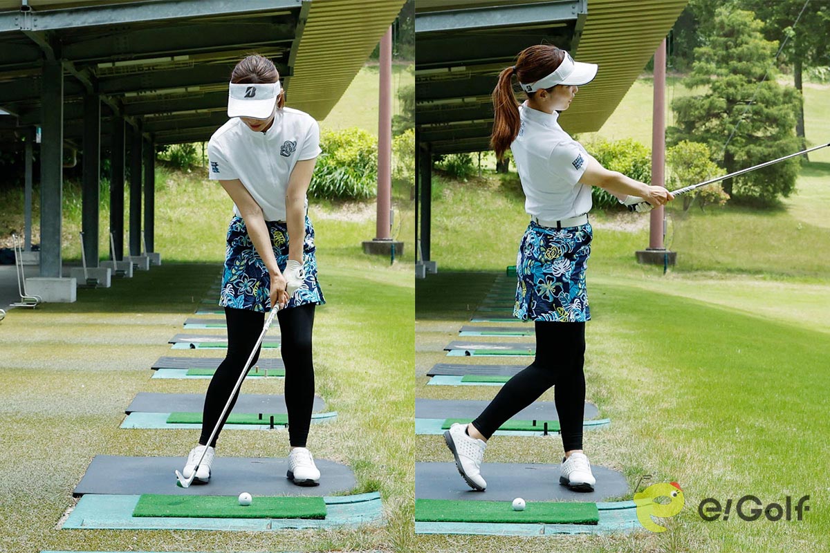 ダウンスイングからインパクト、フォローでは右ヒザを左ヒザに近づけていく。右ヒザをターゲットに向ける意識で右足を回すのがコツ