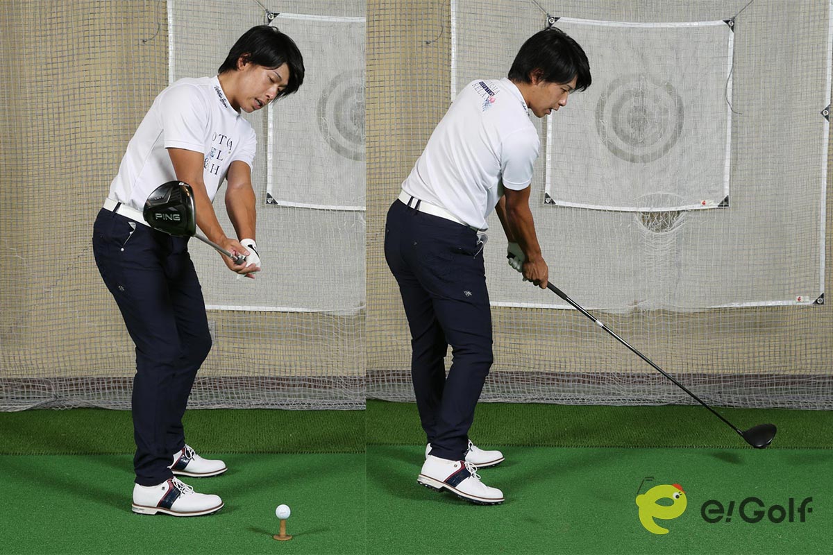 クラブを上げて下ろす動きを行い、自分に合った体と手の距離を見つける