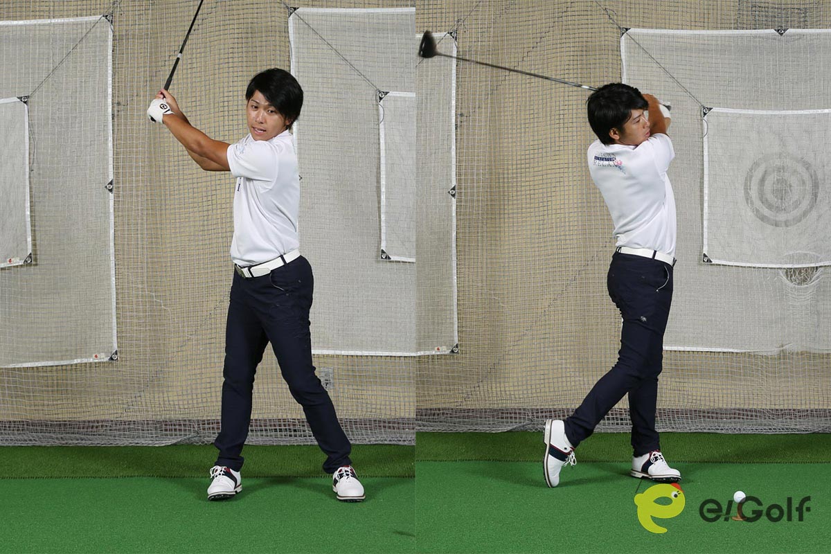 低いトップの位置から軌道を確認しながら素振りを行う