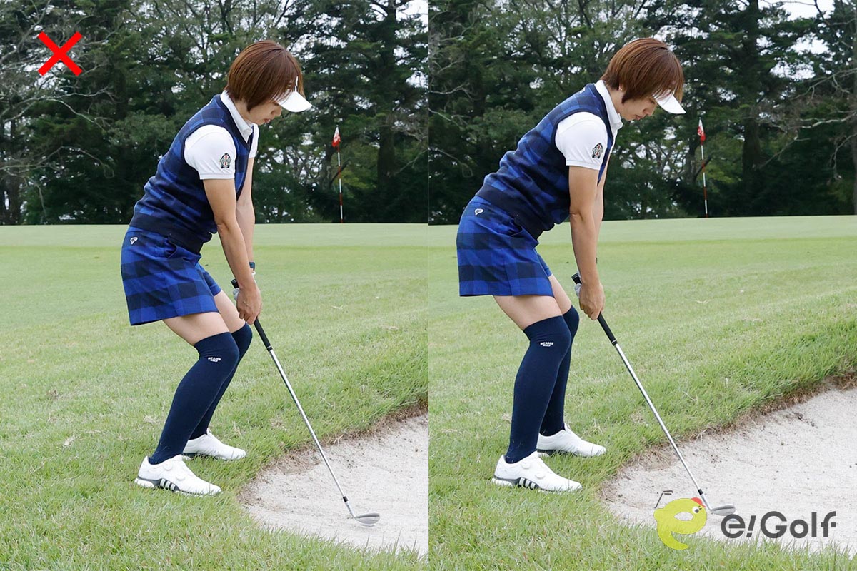胸板でボールを見るように、前傾を深めてアドレス。スタンスを広くすると、重心が下がって体が浮きにくくなる