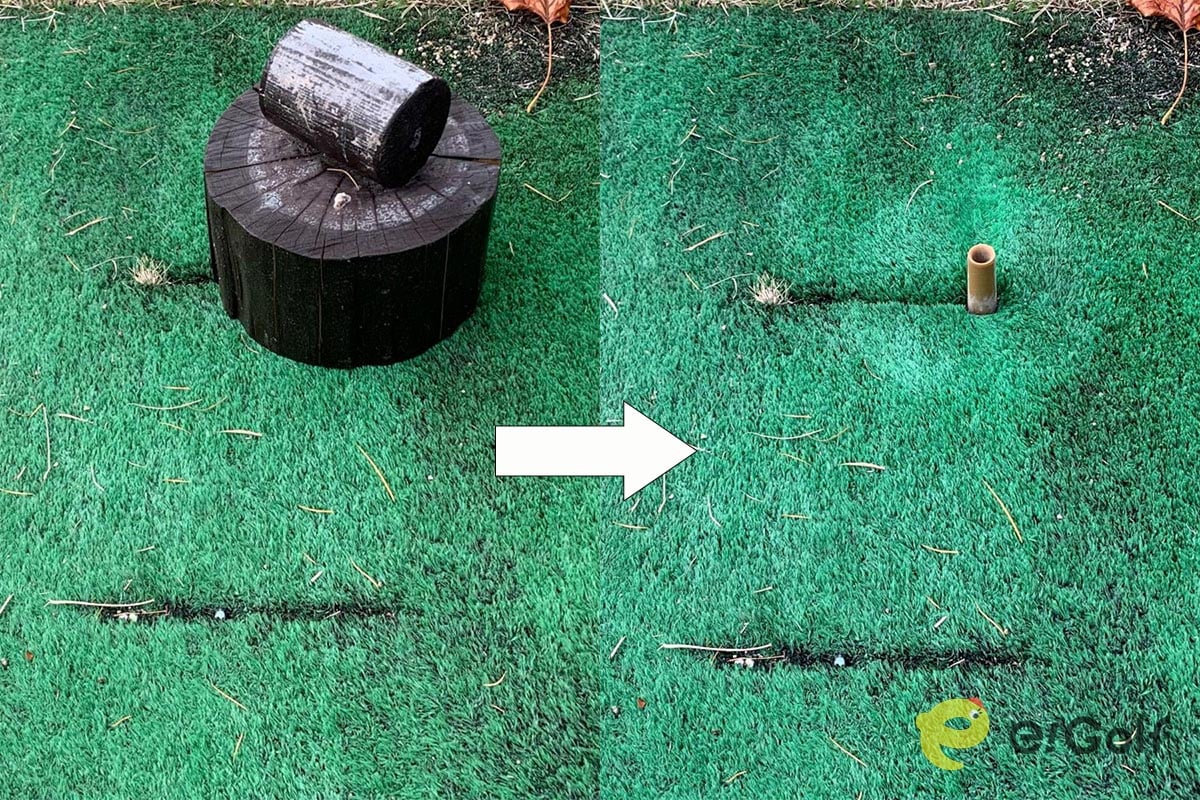 練習場のゴムティーもカラスの被害に。あるゴルフ場では写真のようにティーにフタをして対策している