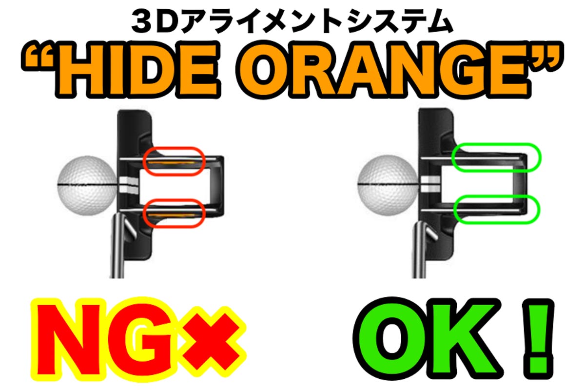 アドレス時に「オレンジが見える（写真左）」のはNG。写真右のように「HIDE ORANGE（オレンジを隠す）」がテクノロジーの由来