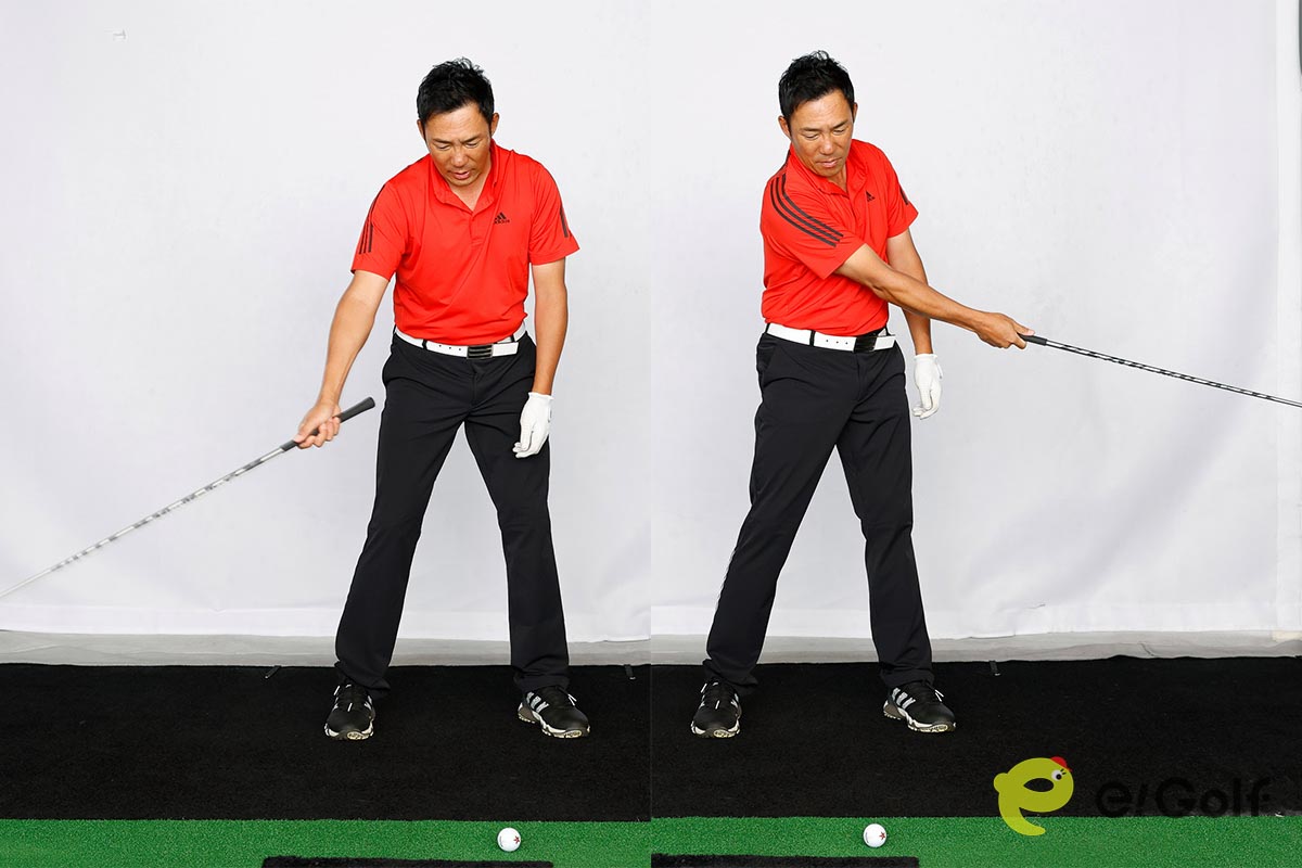 右手1本でクラブを持ち、掃除するイメージでヘッドを横から下ろしてみる