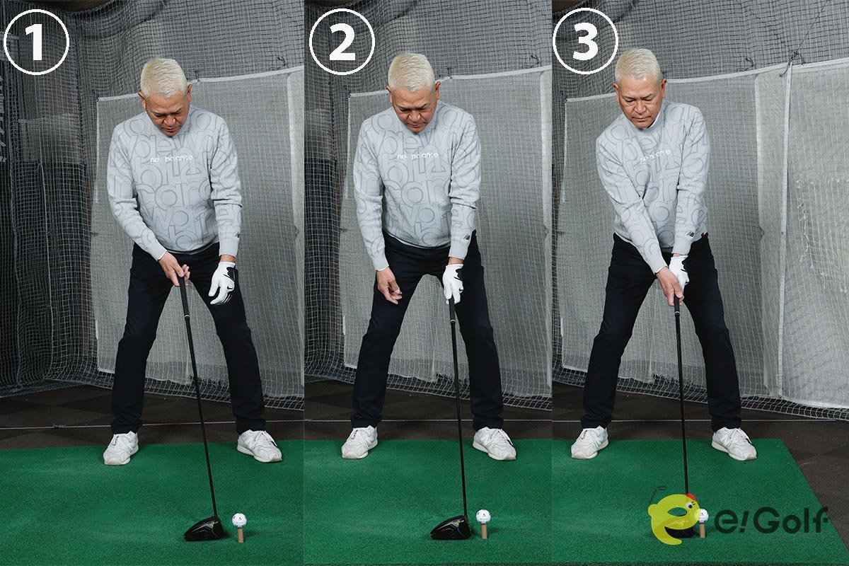 前傾姿勢を作り、左手をダランと垂らした位置で左手をグリップ。自分の骨格に合ったクラブの握り方になる