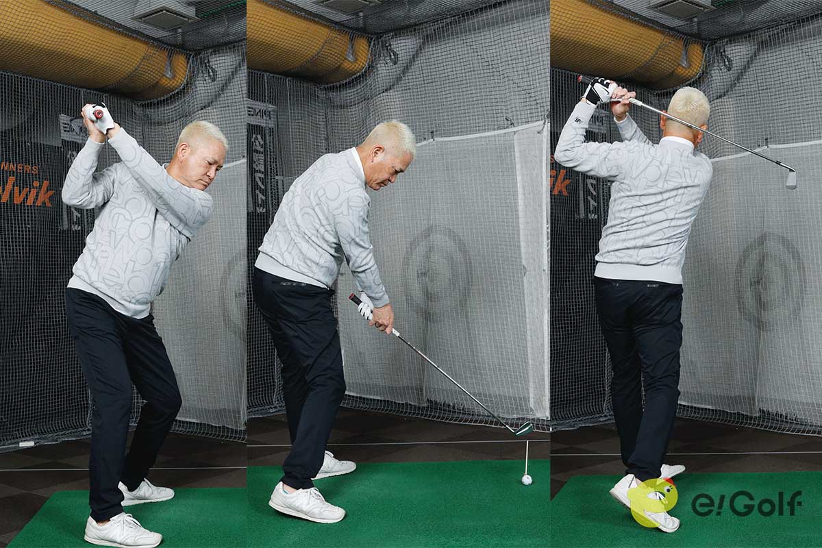 クラブを短く持ち、いつもより浅めの前傾角でアドレス。前傾角をキープし、割ろ箸に当たらないようにヨコ振りする