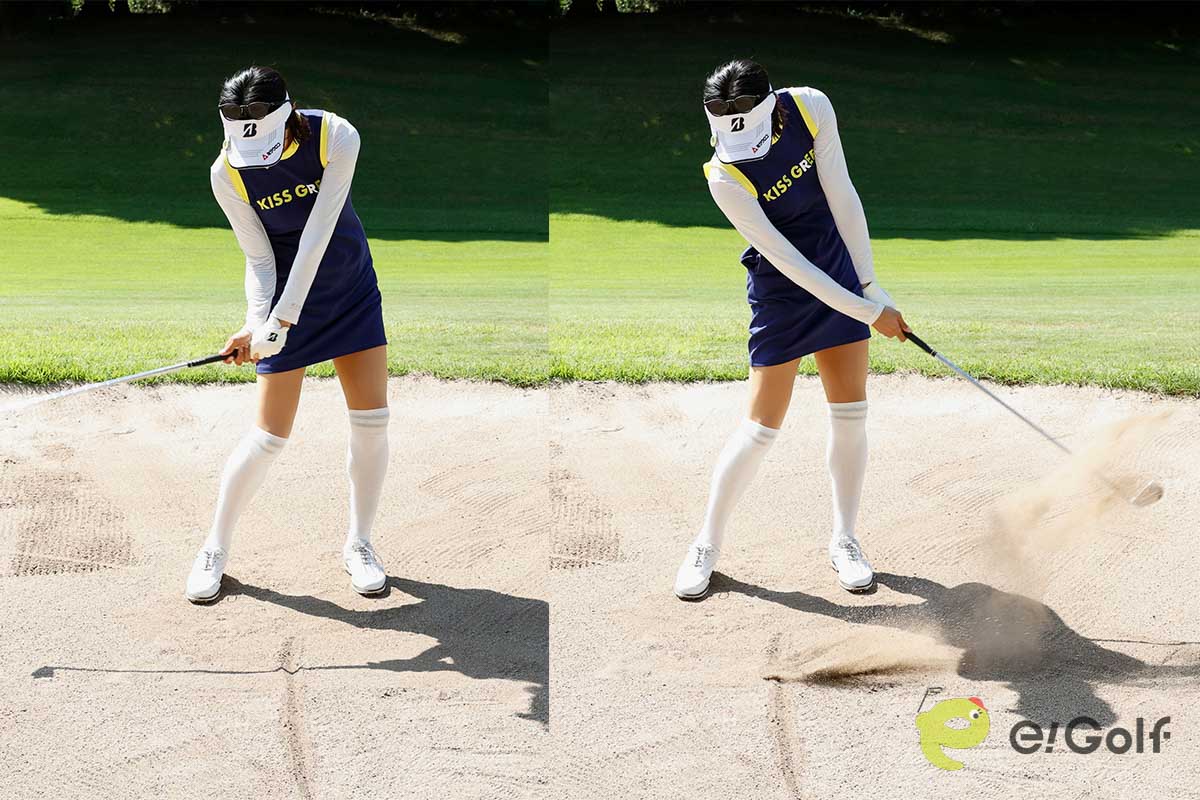 両足のセンターにラインを引き、ヘッドがラインやライン右の砂に当たらないように振る。ラインの左側の砂だけ飛ばすことができれば、ダフっていない証拠