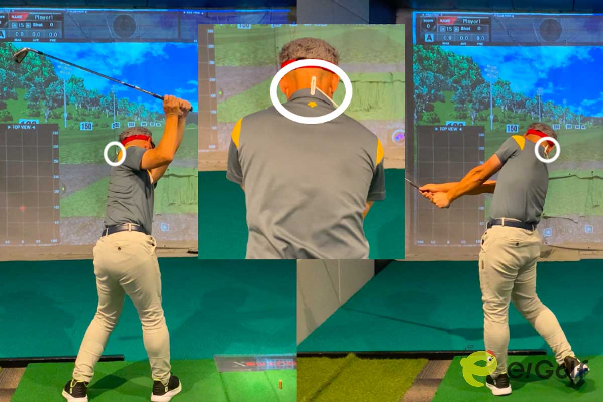 スイング軸に対して首の後ろ（背面）はバックスイングで左、フォロースルーで右に回り込んでくる