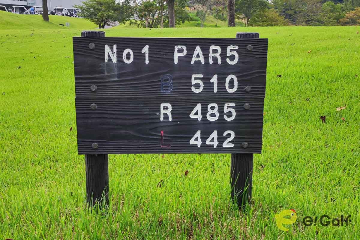 ホールの距離を示す看板。日本のゴルフ場ではヤード表記となっている