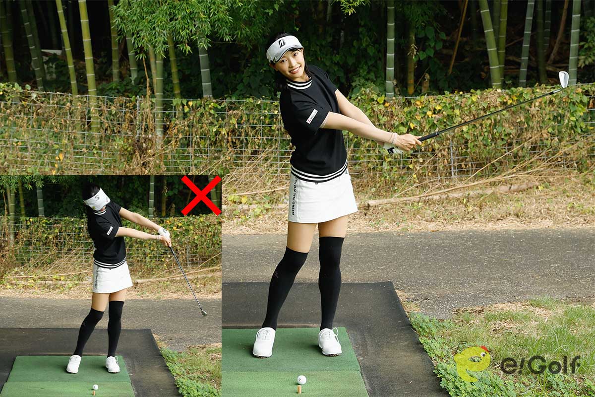 手元が前に出ているフォローはNG。手首をやわらかく使ってインパクトを迎え、ヘッドが手元よりも前に出るフォローをとる