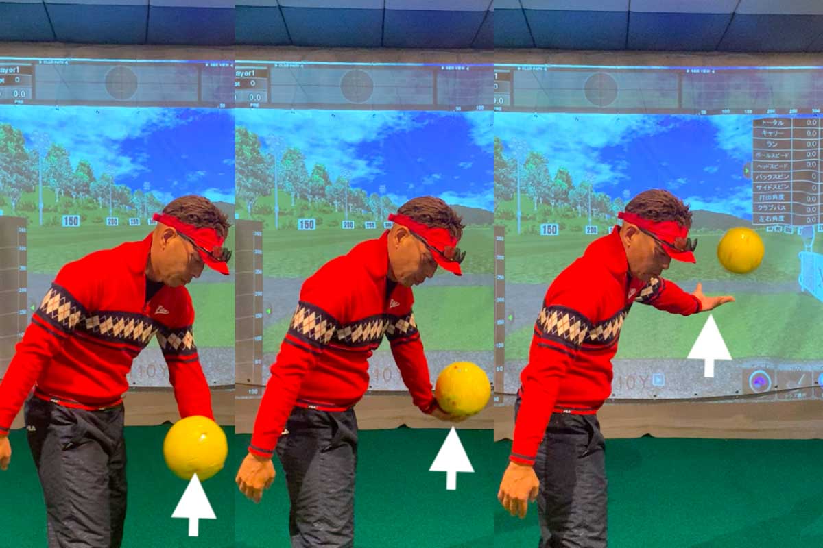 ヒジが引けてしまう原因である左手首のフリップは、左手のひらを上に「向けたまま」インパクトからフォローまで動かすドリルで矯正