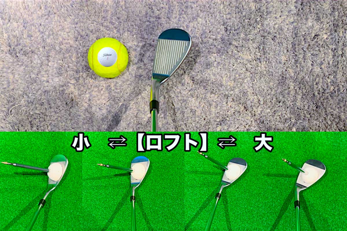 ボールの高さはクラブのロフトに任せる。シャフトを飛球線方向に傾けるほどロフトは小さくなりフェースを開くほど大きくなる