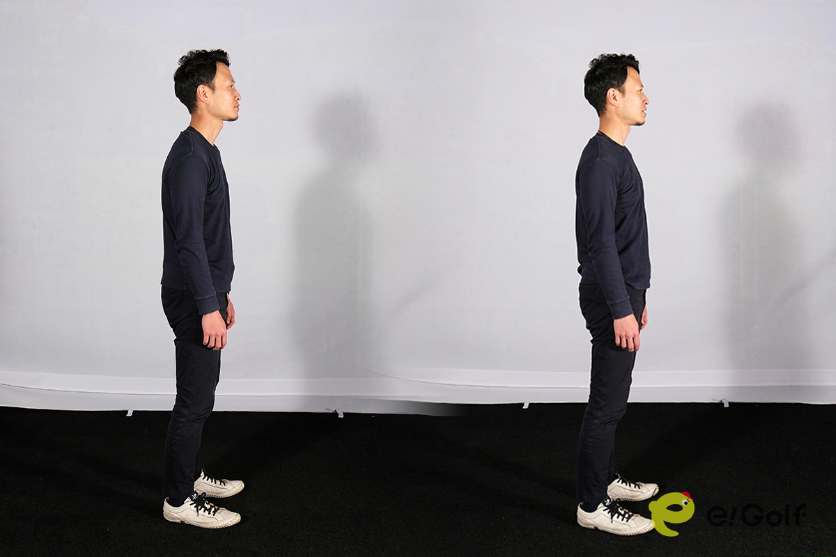 写真左が着用前で、右が着用後。猫背気味でアゴが前に出ていたが、背筋が伸びた良い姿勢に変化した