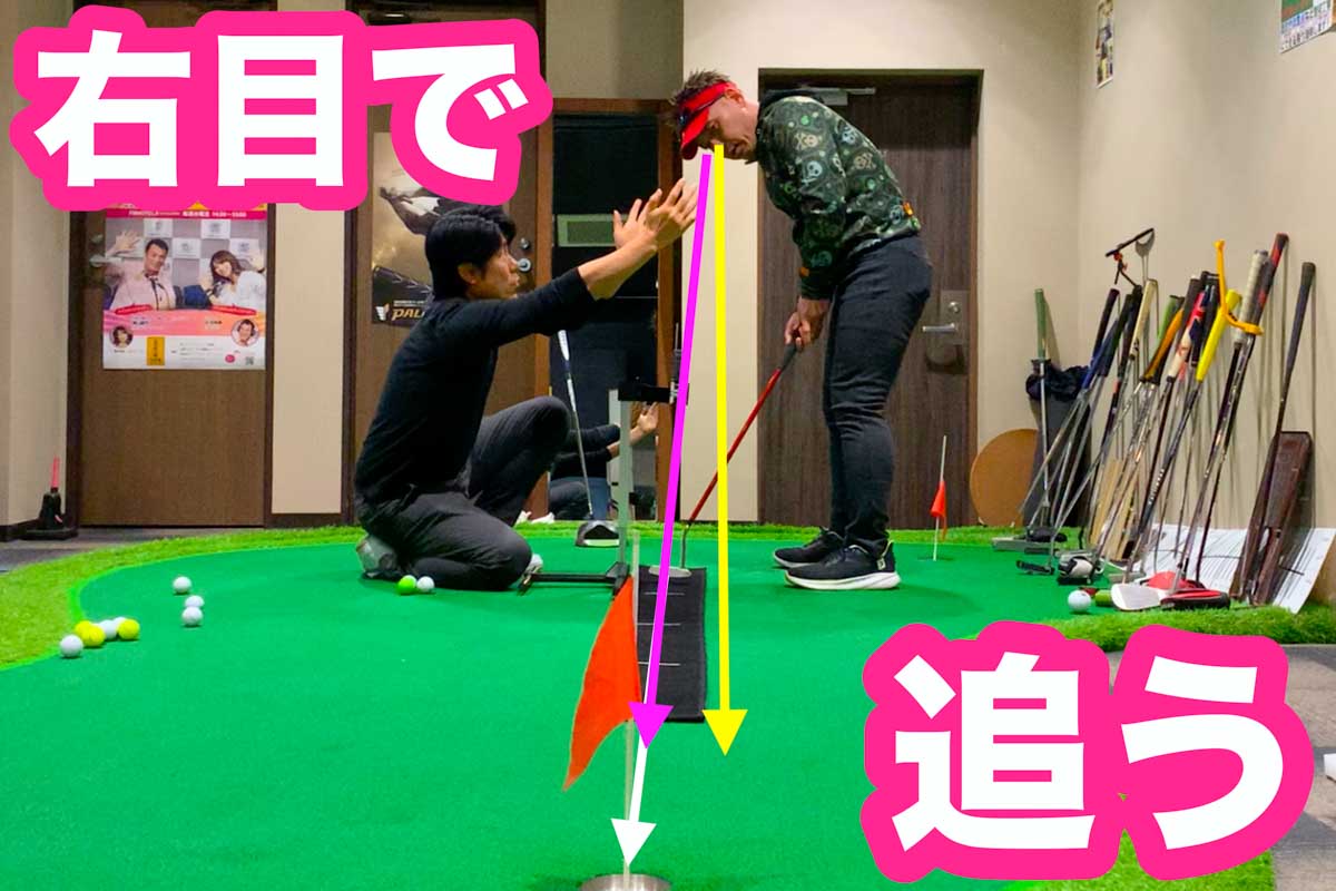 「エイムプレーン（ボールを見る角度）」に沿って「右目で追う」ことができると、長い距離ほど左目が内側に外れていくのが正しい「両目と首の動かし方」