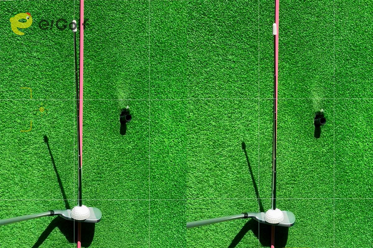 マグネット付きの棒をフェースに付け、スティック棒を目標方向に置いてフェースの向きをチェック。構えた際、フェースが左を向いていたら（左写真）調整する