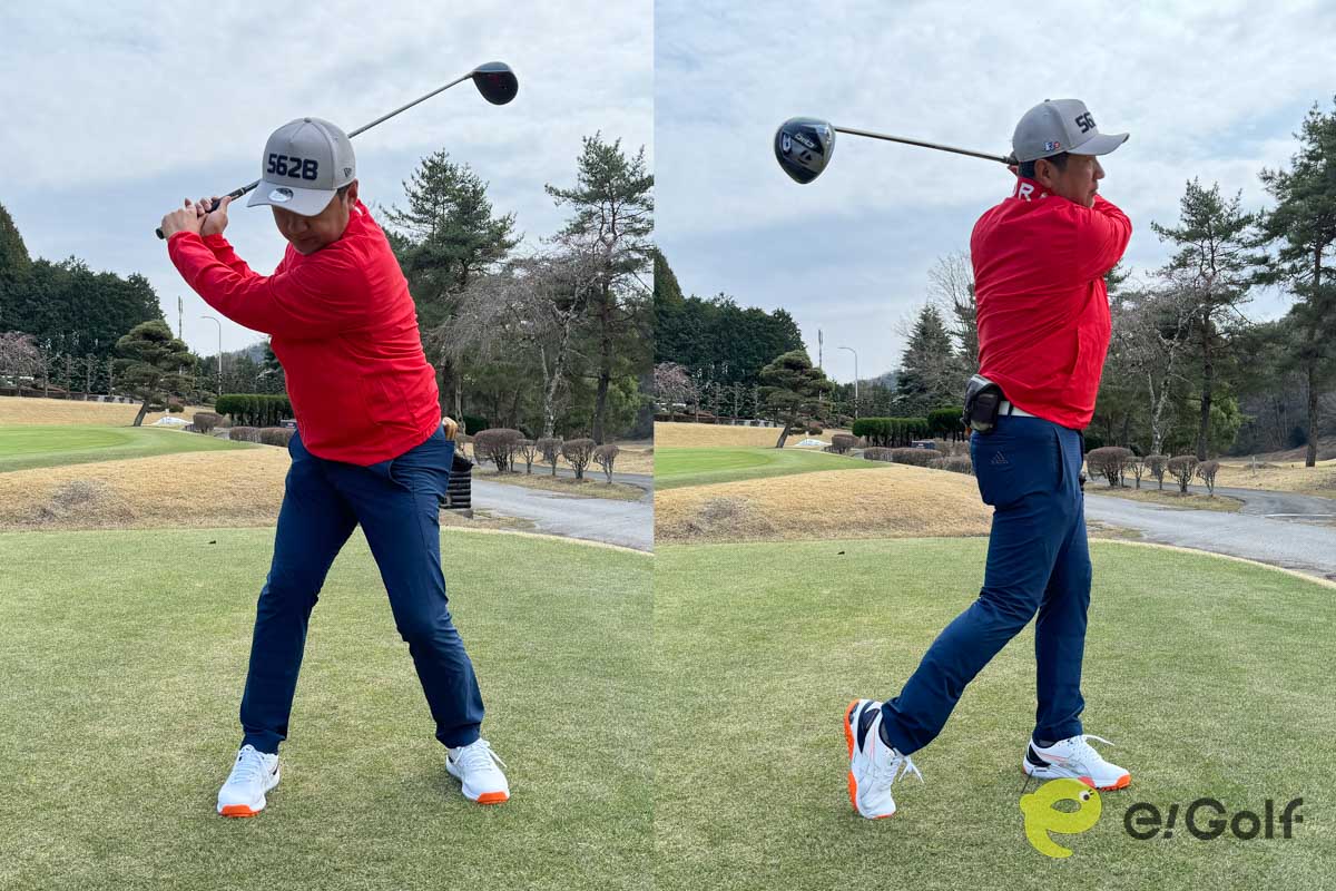 インソールを入れると、テークバックでしっかりと体重を受け止め、インパクトからフォローでは母指球を支点に回転して、左足に乗ったフィニッシュが取れる