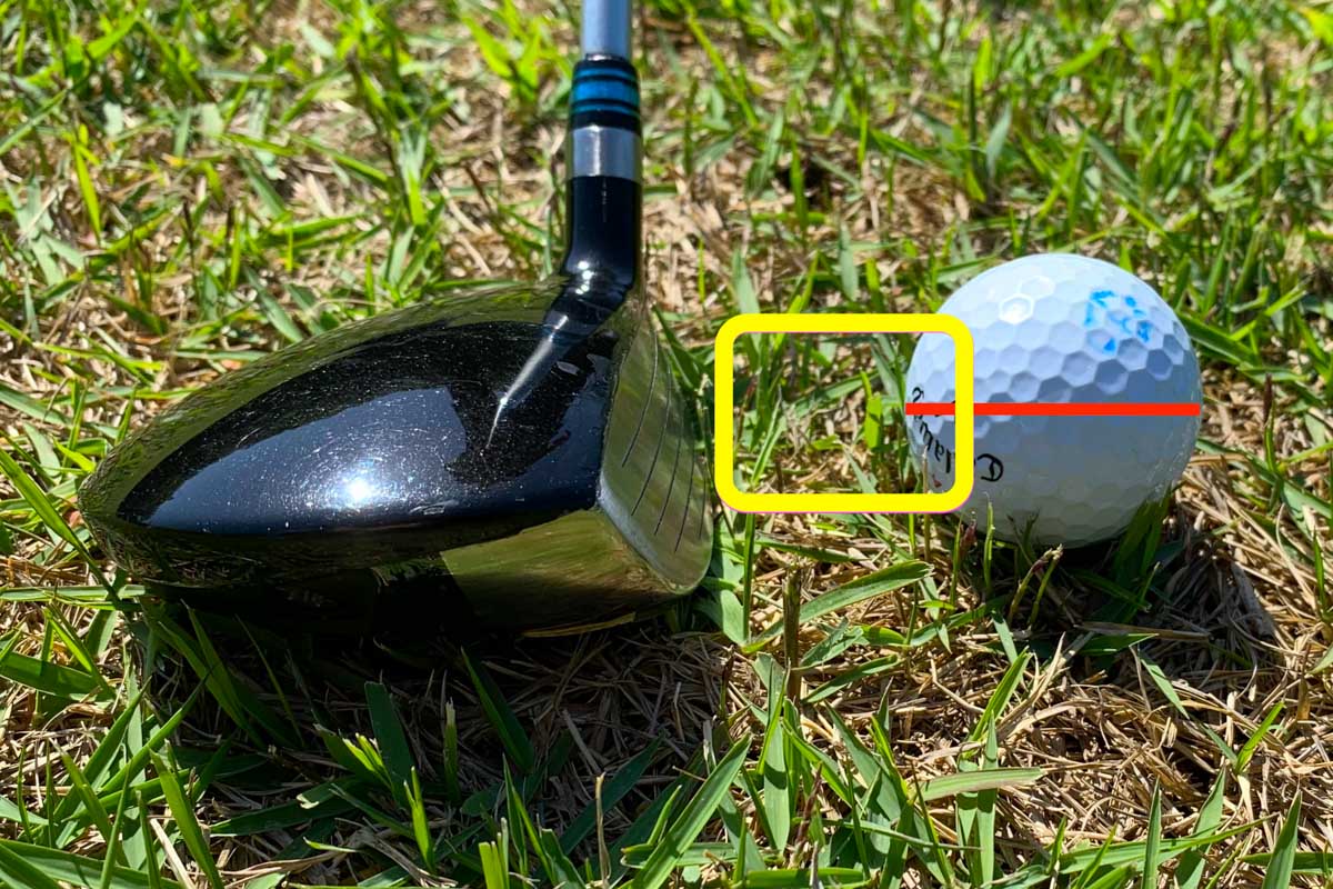 フェースと「ボールの赤道付近」の芝の密集度を観察し、インパクト時に芝が挟まる度合いを予想する