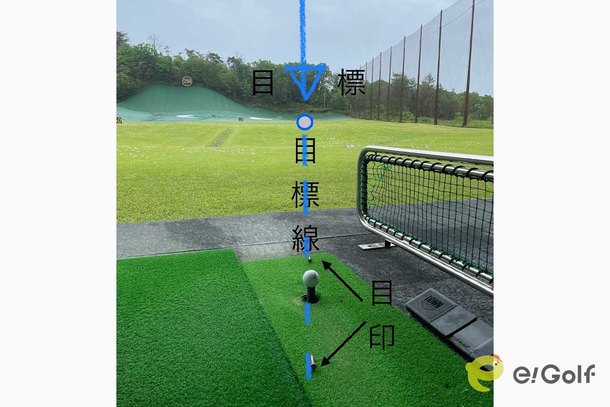 マットに正対していない位置にターゲットを定め、飛球線上のボールの前後に目印を置く（危険がないようヘッドが当たらない位置に）