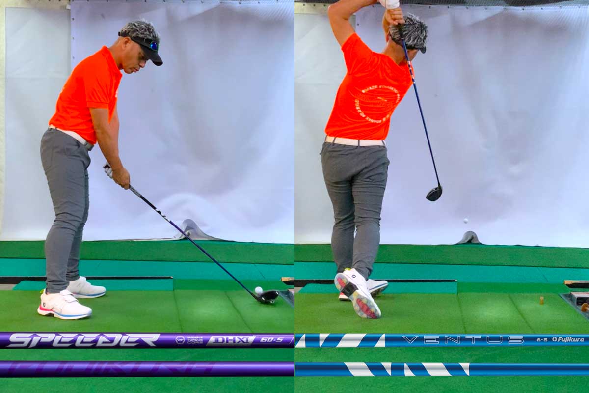 「スピーダーNX バイオレット」と「24 ベンタスブルー」。現代ドライバーヘッドの性能を引き出す先端剛性が特長