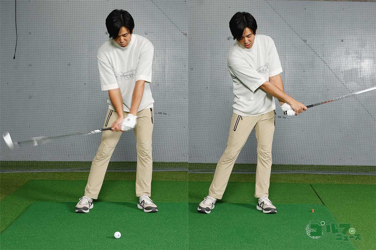 左足股関節の前でリリースの動きを行えば、ハンドファーストインパクトになる