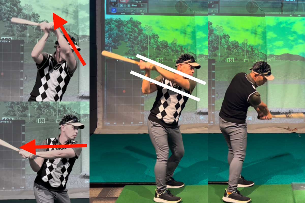 クラブや腕を少し寝かせるスイング&ドリル時にも、左腕がアゴの下から胸の上の範囲にあるように振ることで、体の回転がスムーズになる効果が得られる