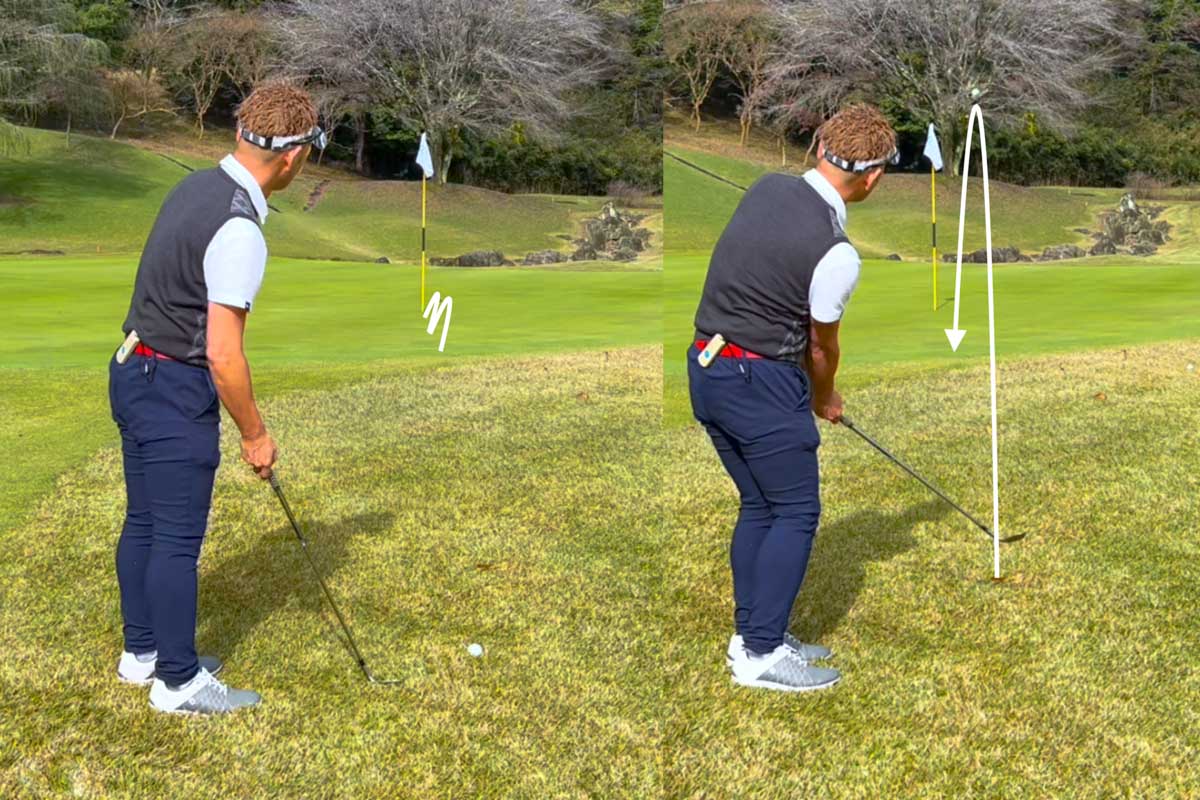 着弾跡（ピッチマーク）が少ない硬くて速いグリーンの場合、アプローチは転がるだけでなく前に跳ねる計算も入れて、ボールの落とし所を決める必要がある