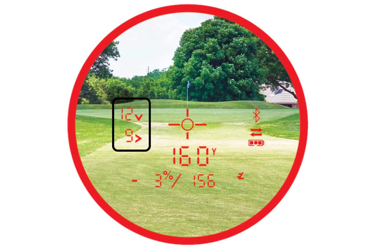 新搭載されたウインド機能の見え方。レチクル（十字線）左部に風速と風向きが表示される