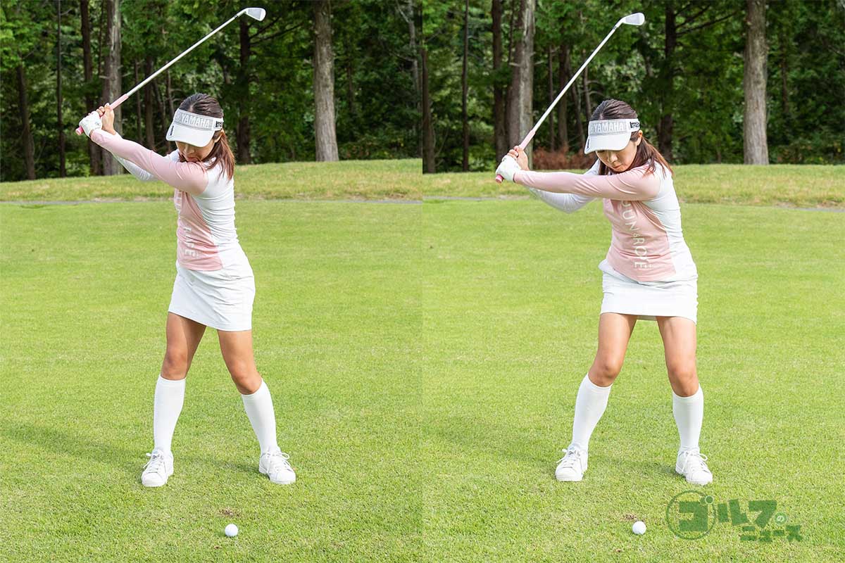 切り返しからダウンスイングで頭を右に動かす。頭を右に倒しながらクラブを振り下ろすと、軸の傾きをキープできビハインド・ザ・ボールの形をつくりやすくなる