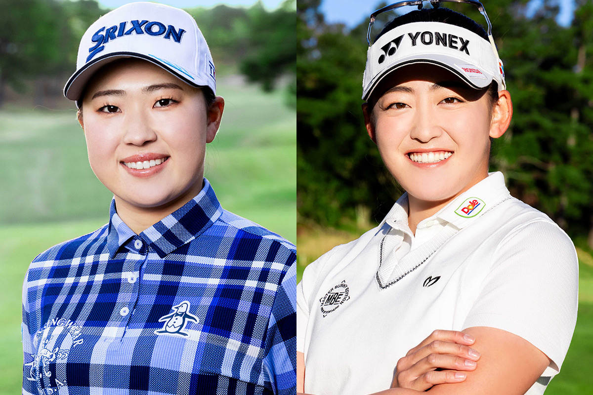 ニューバランスゴルフとフットウェア契約を結ぶ竹田麗央（左）と岩井千怜