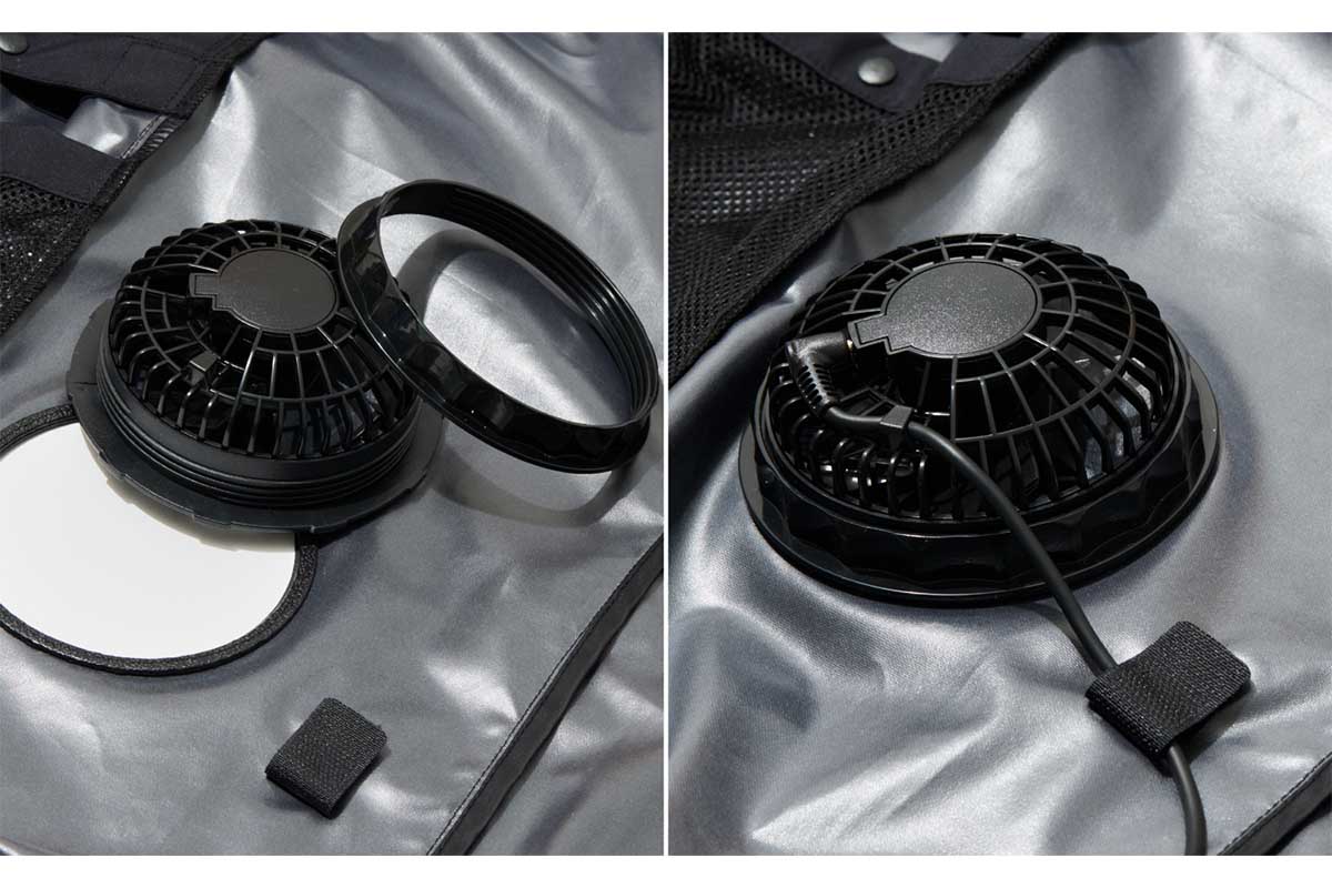 ファンの凸起している側をベストの内側へ差し込み、リングを被せて回しながら固定する。固定したファンに付属のUSBケーブルを差し、マジックテープで固定