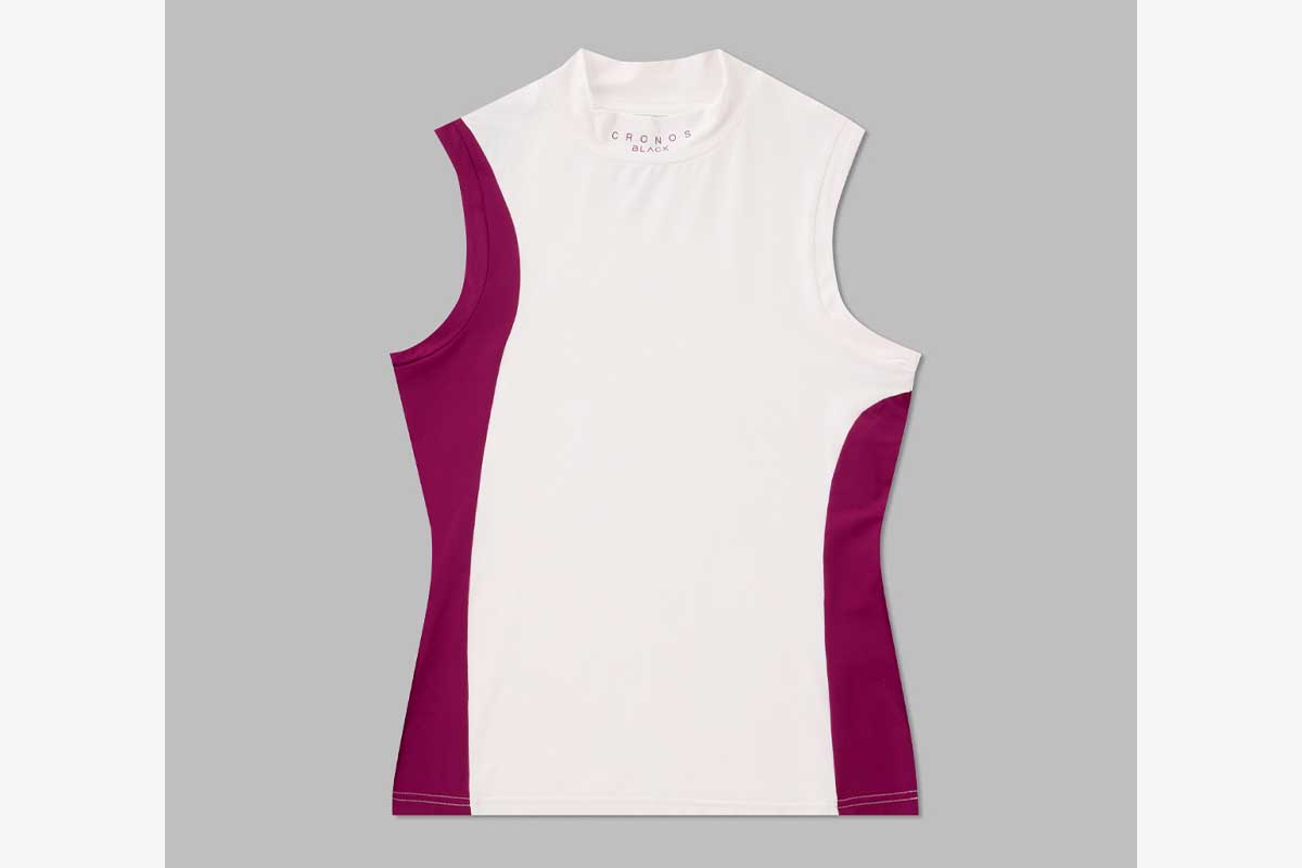 MOCK NECK SLEEVELESS　WHITE×PURPLE　1万3200円（税込み）