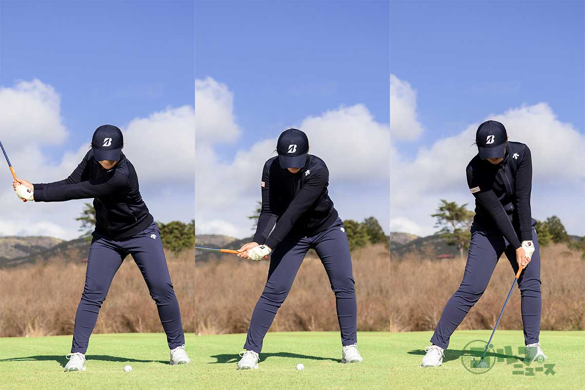 アイアンショットでも両手と体の距離を変えずにクラブを下ろすと、振り幅が小さくなってもリズムよくクラブを振れる　写真:有原裕晶