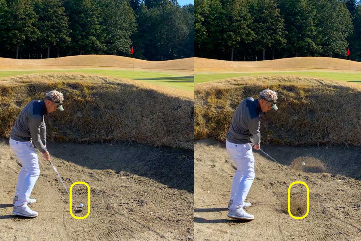 砂にヘッドをソールしないアドレスから、ボールの手前の砂へヘッドを入れていかなければならないバンカーショットでは、ヘッド軌道は「V字」ではなく「前後に長く」する必要がある