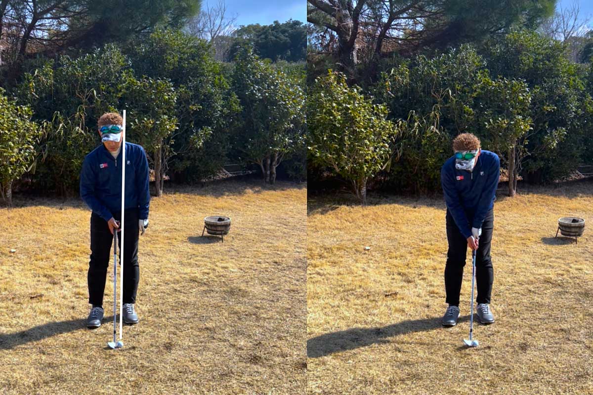 グリップが上半身の中心よりもやや左足寄りの体重配分に注意しながら、ウェッジのロフト＆バンスが表示通りになる「シャフトほぼ垂直」でアドレス