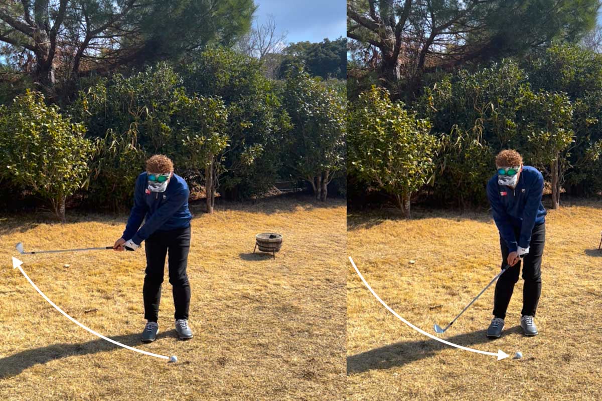 手首のコックをなるべく行わず両腕の形が変わらないようにトップを作り、緩やかな入射角でダウンスイング。バンスが働きやすくなりロフト通りのインパクトが作りやすくなる