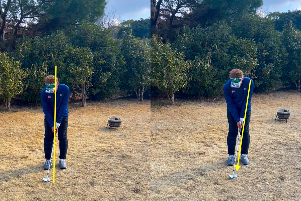 ボールを右足寄りに置くことでロフトが立ち、最下点よりかなり手前でインパクトしやすくなる