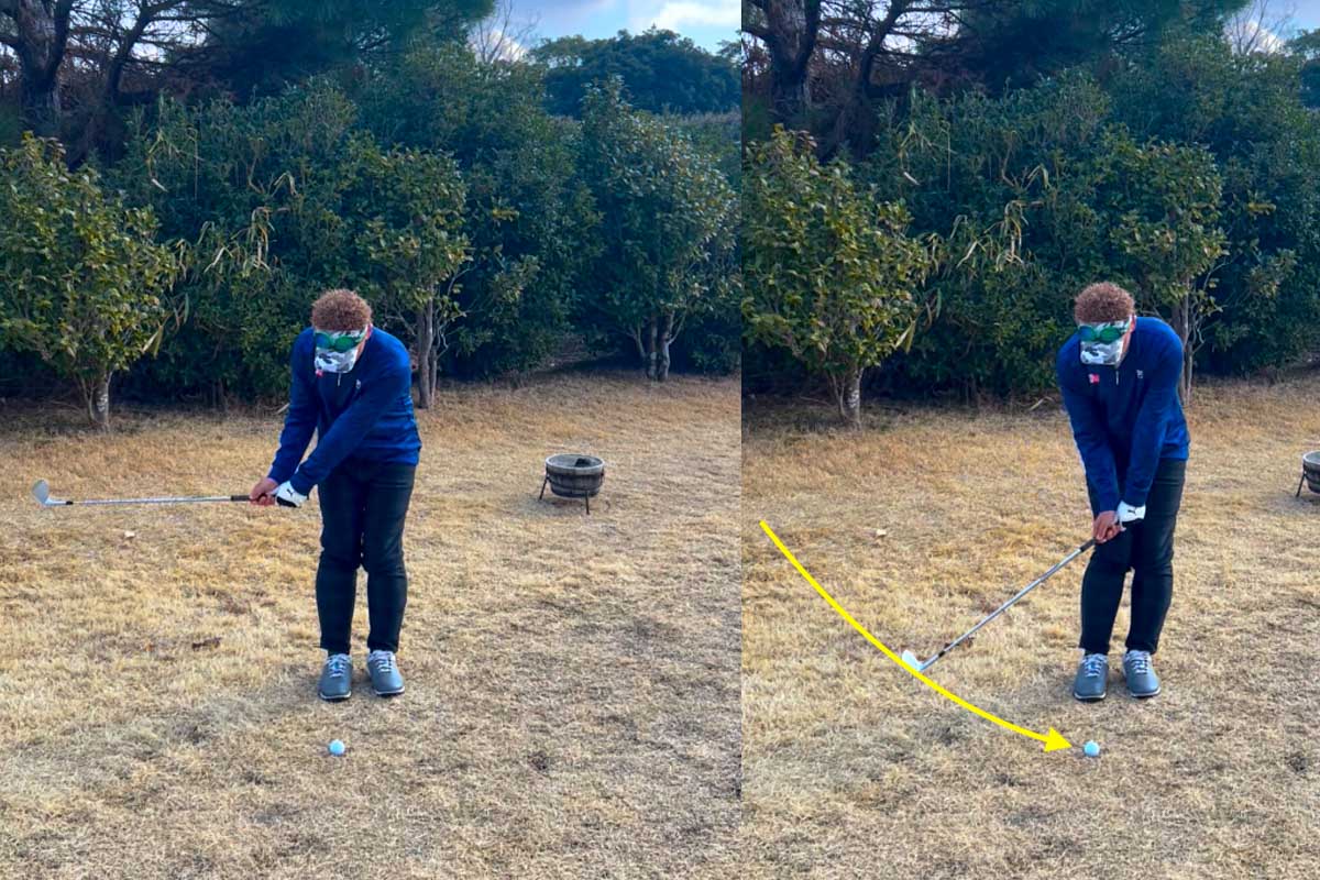 ロフトを立てたぶん、フェース向きは「やや下向き」のままトップからダウンスイングに入る