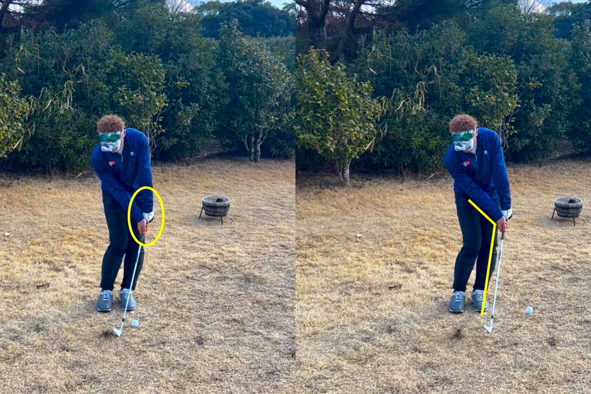 グリップが先行したままハンドファーストでボールを打ち抜くため、ボールは低く打ち出される