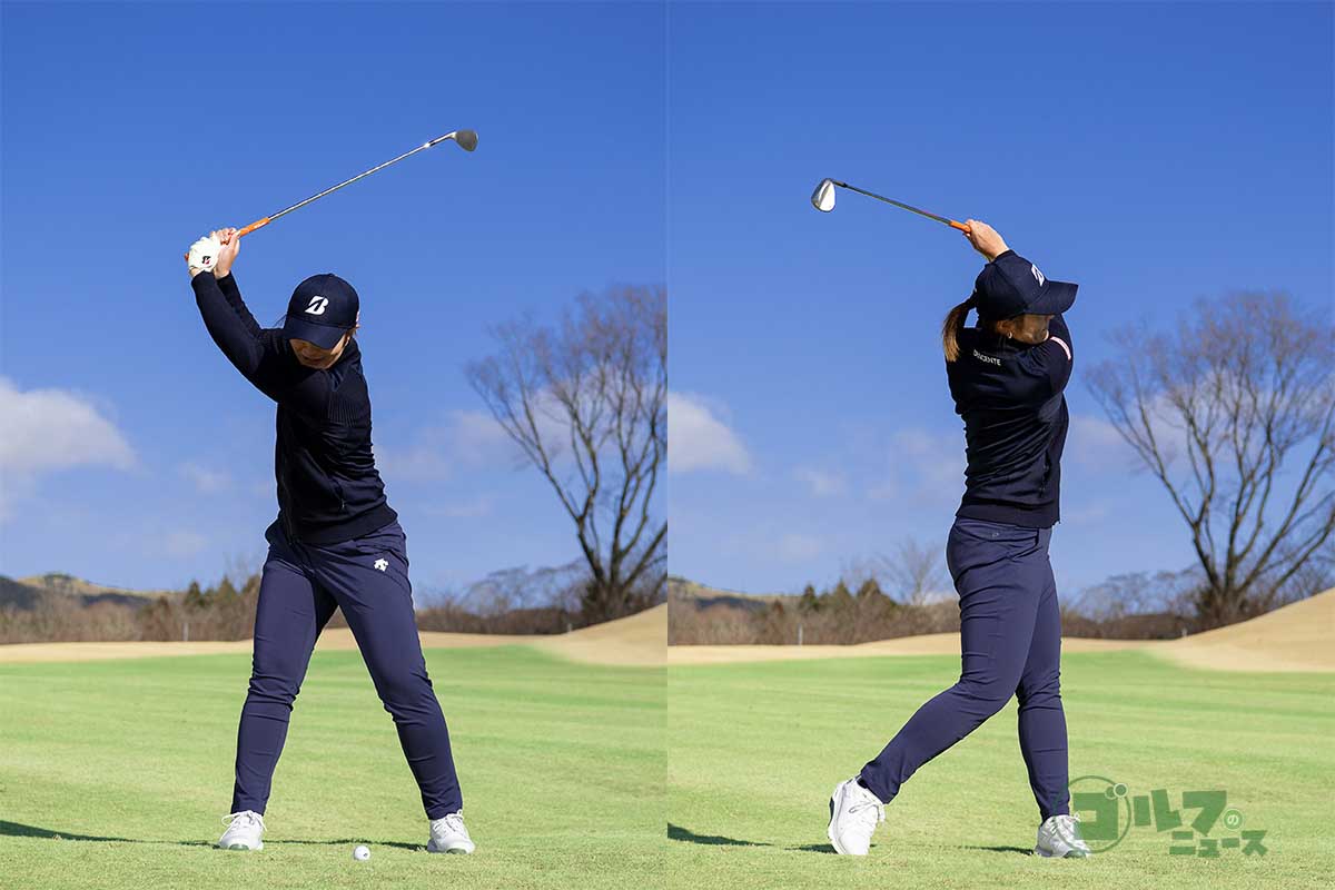 フルショットのトップとフィニッシュ。中途半端な位置でスイングを止めず、最後までしっかり振り切る　写真:有原裕晶