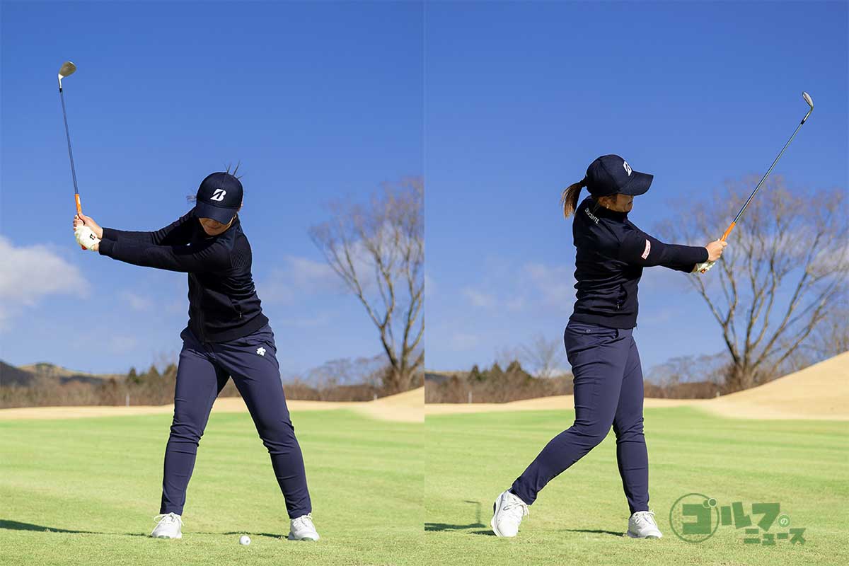 ハーフショットのトップとフォロー。時計の9時から3時までの振り幅にする。手打ちになりやすいので要注意　写真:有原裕晶