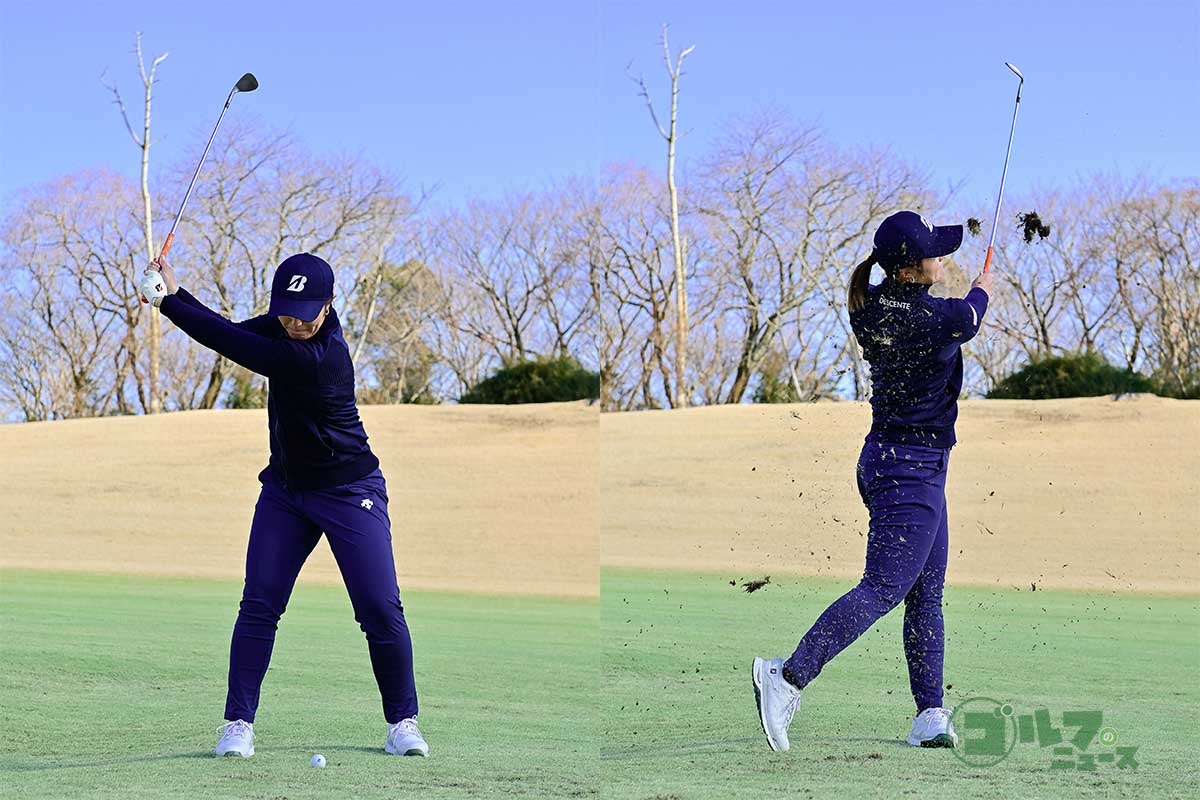 振り幅の大きさを決めたなら、トップとフォローが同じ高さになるようにイメージしながらスイングする　写真:有原裕晶