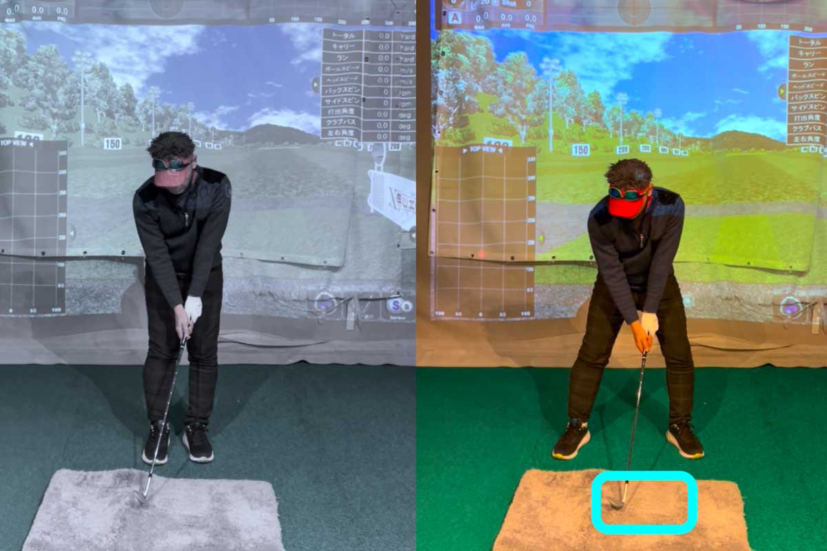 ボールを直接打たずに「とにかく砂を取る」グリーン周りのバンカーショットでは、ヒザを曲げて腰を落とし、ボールを左に置いて「ダフリやすい状態」を心がける