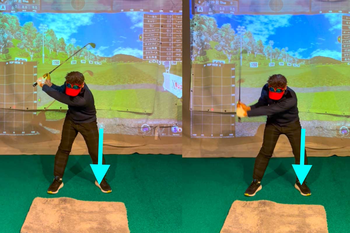 左足に体重をかけたままスイングするため、「やや手打ちっぽい」体重移動や体の捻転の少ないフォームになる