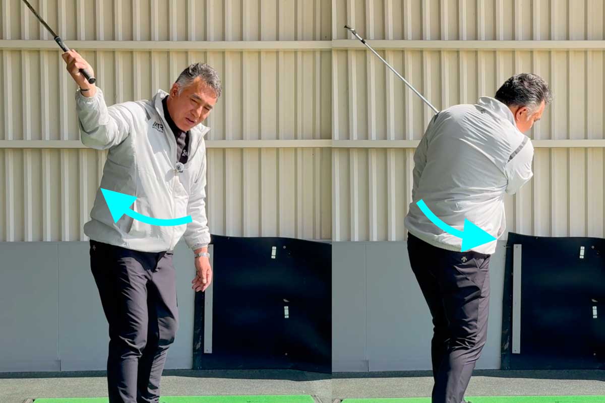 体の回転を伴いながら、「左右対称」のイメージを持ってスイングすることがスイングプレーンをなぞるコツ