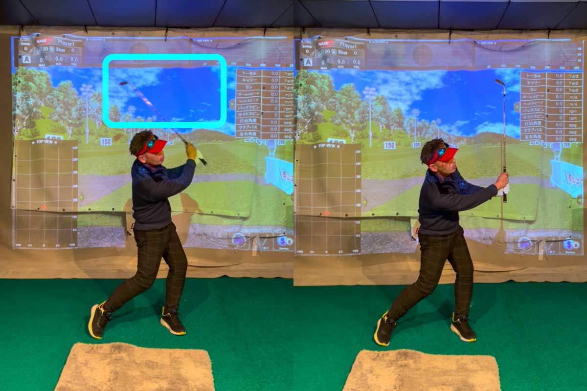 ボールを直接打たないバンカーショットでは、実際の距離に対して「2〜3倍ぐらい」大きな振り幅が必要になります。15〜20ヤードの距離ではクラブヘッドが頭の上に収まるぐらいの振り幅が目安