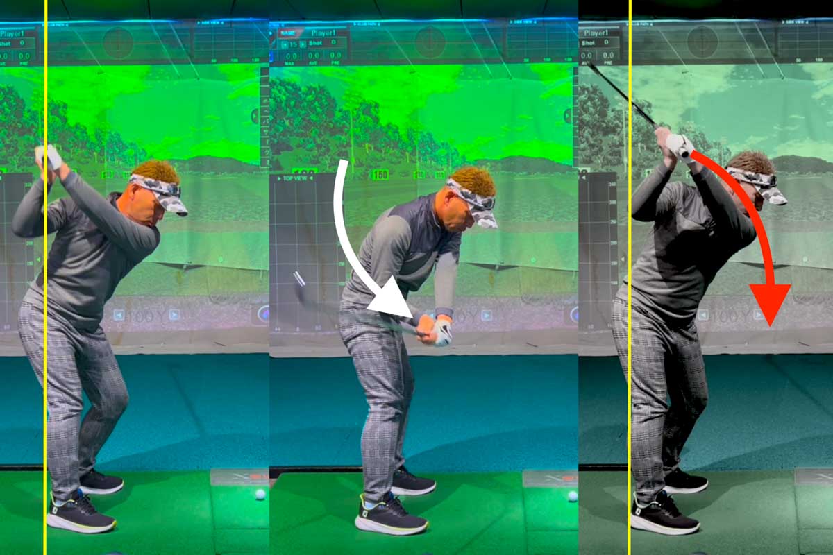 アウトサイドイン軌道の人はトップで「グリップの深さ」が浅いため、インサイドからダウンスイングを行うスペースがなくなっている（右）。トップで足首の真上まで「グリップの深さ」があれば（左）、インサイドアウト軌道でインパクトしやすくなる（中央）