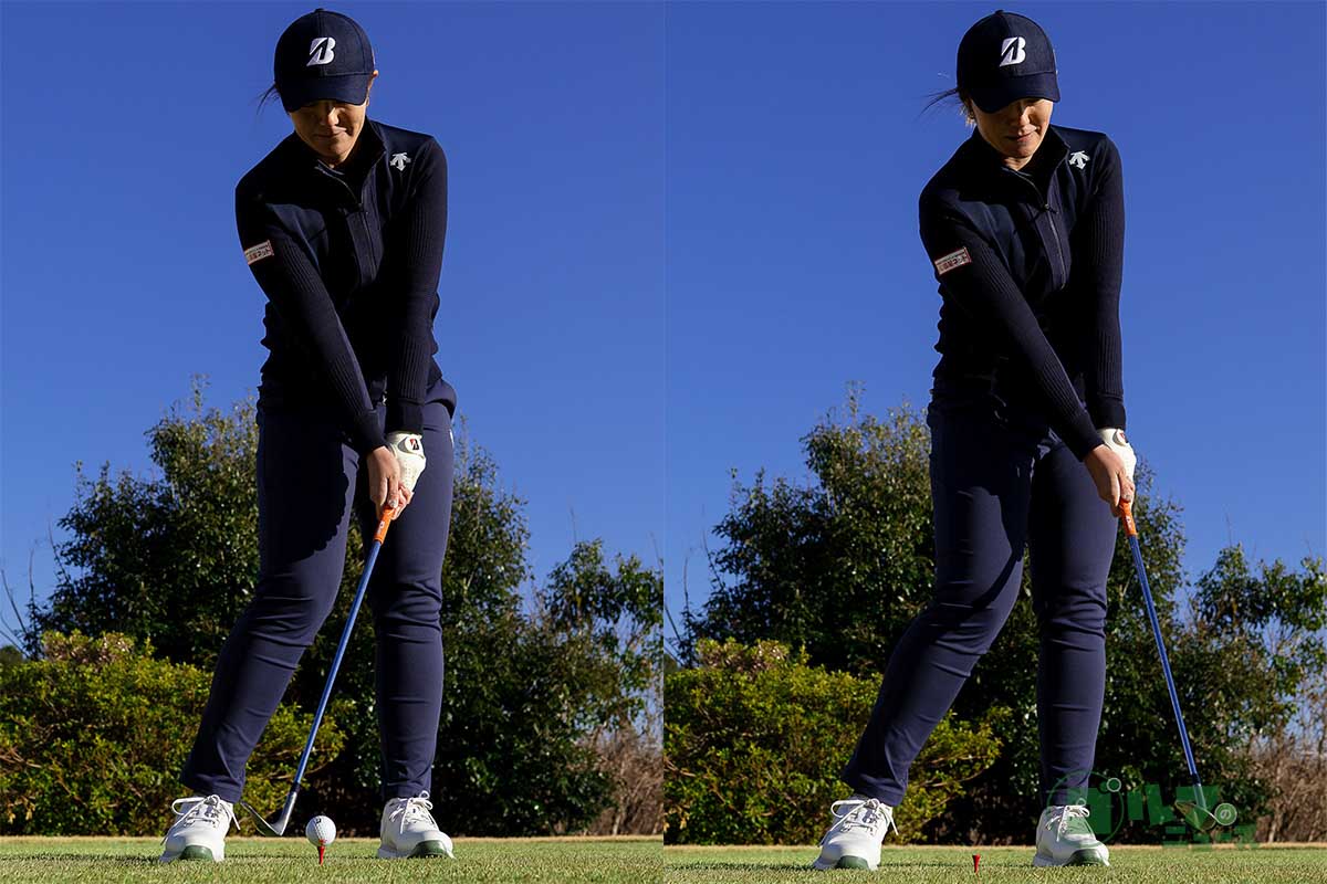 練習場でドライバーショットを打つ時と同じ高さにセットしたティーの上にボールを乗せ、クラブをゆっくり振ってボールだけをクリーンに打つ練習をする　写真:有原裕晶