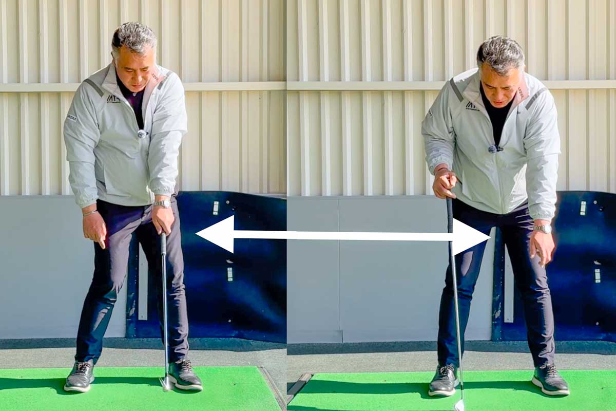 インパクトの状態と同じように、自然に左腕を垂らした「左手の甲が斜め上」の状態でアドレスする