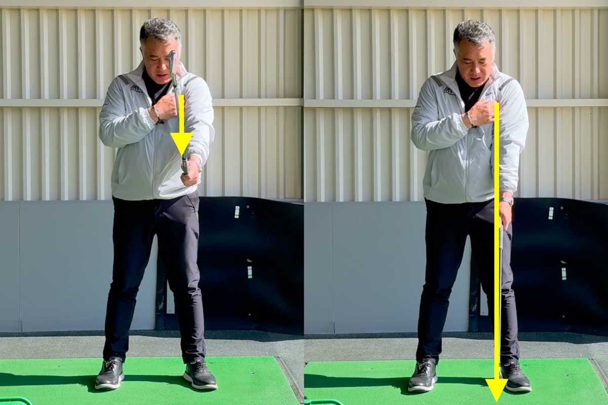 「スイングの最下点」とはヘッド軌道が地面に当たる場所で、「左ワキの下」あたりに来るのが基本