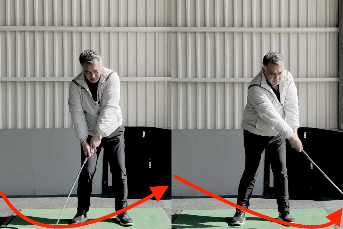 右手中心にスイングすると「左ワキの下」よりもインパクトが手前に来たり（写真左）上から叩きつけて先に来てしまう（写真右）