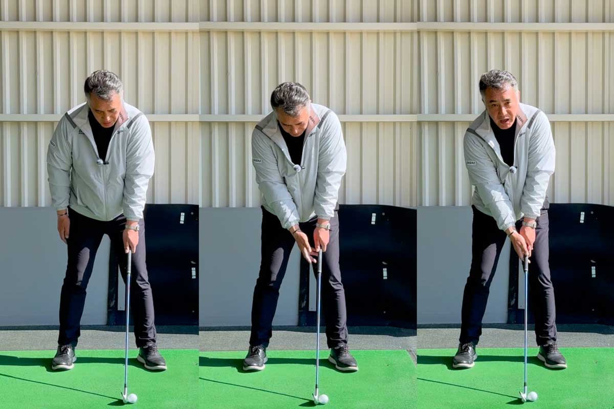 「左ワキの下」に左手を垂らしてグリップ、その後に右手を握る順番でアドレスすると「スイングの最下点」を感じやすくなる